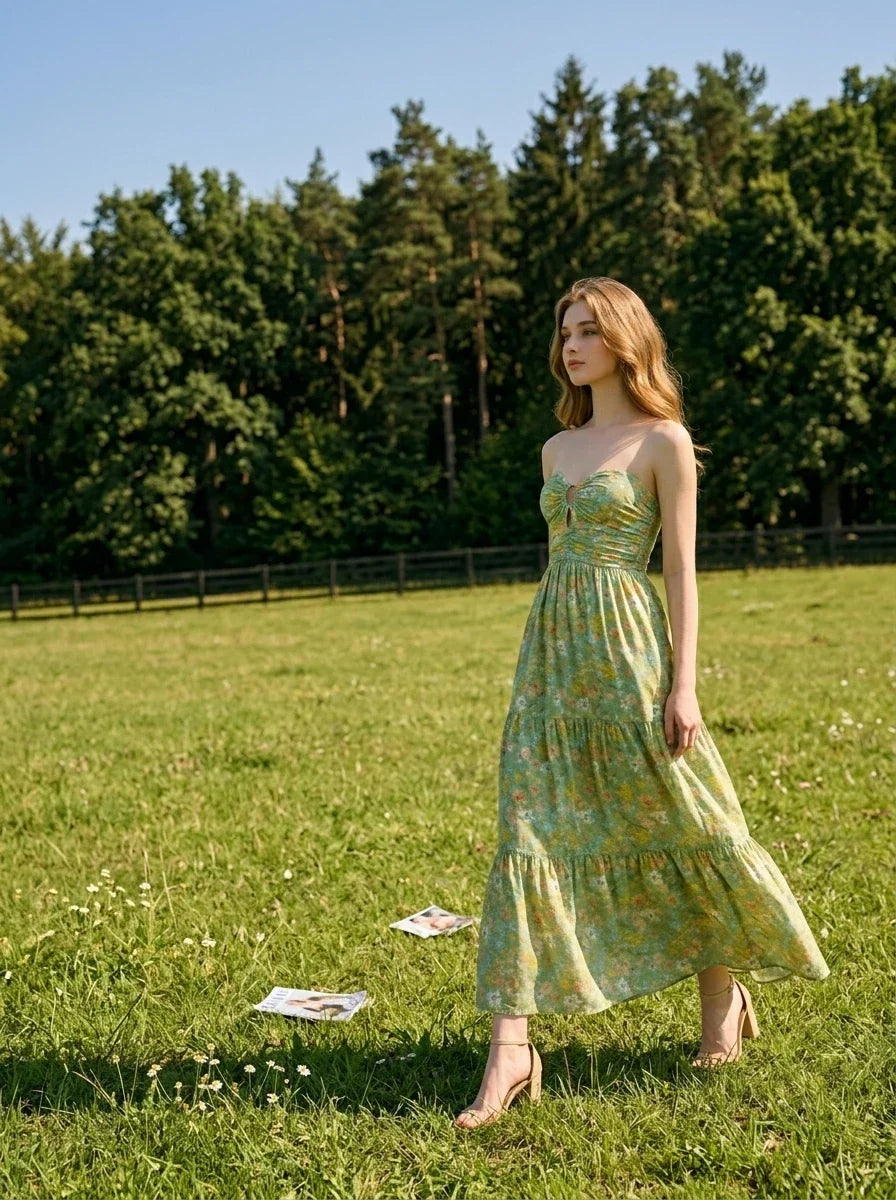 Tiered Floral Strapless Maxi Dress Sage Green