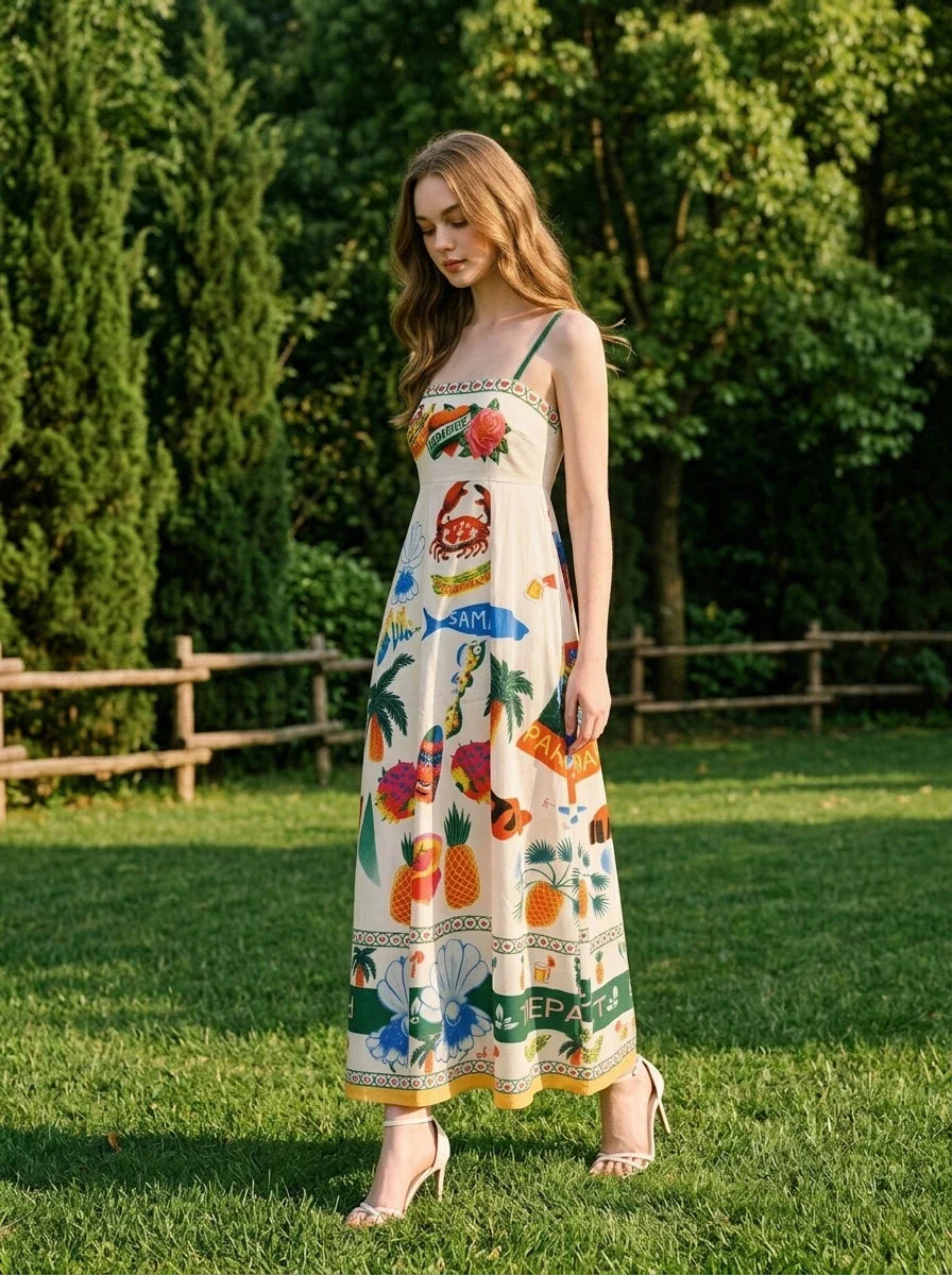 Tropical Paradise Print Smocked Maxi Dress