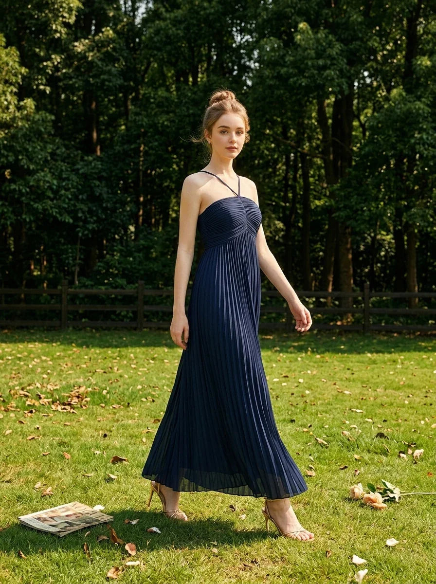 Plisse Halter Empire Maxi Dress - Navy