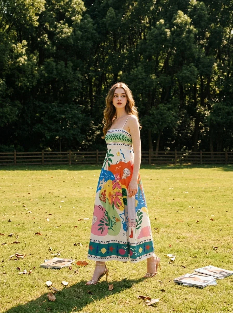 Tropical Beach Graphic Print Maxi Dress White