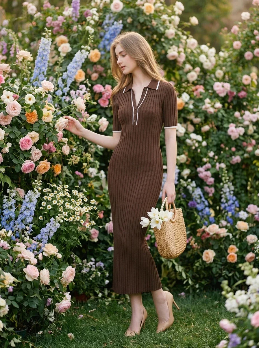 Woman standing among flowers wearing a brown ribbed knit dress with white trim on the collar and sleeves, holding a straw bag with flowers, and wearing nude high heels.