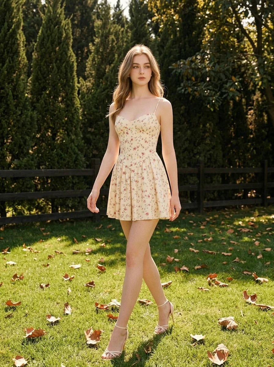 Woman wearing a yellow floral print mini dress with spaghetti straps and a sweetheart neckline walking across a lawn in a park.