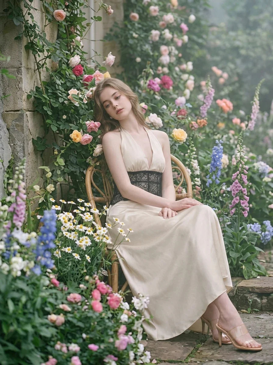 Woman in a cream satin maxi dress with black lace waist detail, sitting in a chair surrounded by flowers.