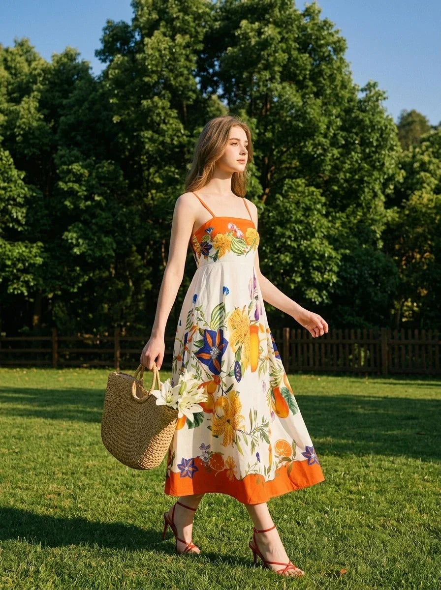 Vibrant Tropical Floral Print Maxi Dress Orange