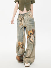 Close-up of the front of wide leg jeans with teddy bear graphic print