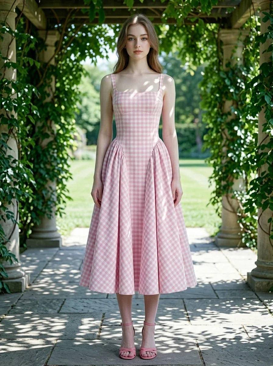 A woman models a pink and white gingham midi dress with a square neckline and a full, pleated skirt, standing in an outdoor garden archway.