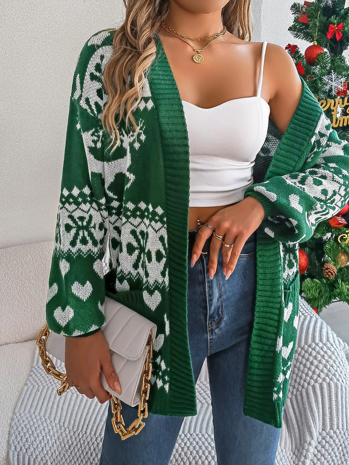 Green Reindeer Fair Isle Knit Cardigan