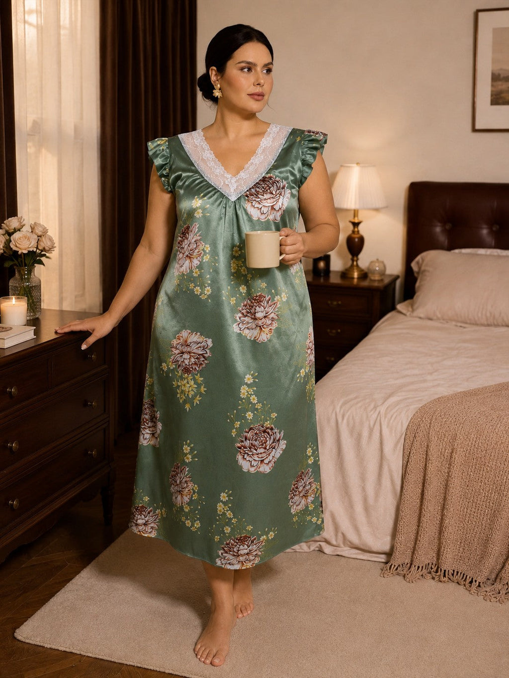 Plus size floral satin loungewear with lace trim and ruffle sleeves - View 7 | TEVQA