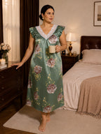 Plus size floral satin loungewear with lace trim and ruffle sleeves - View 7 | TEVQA