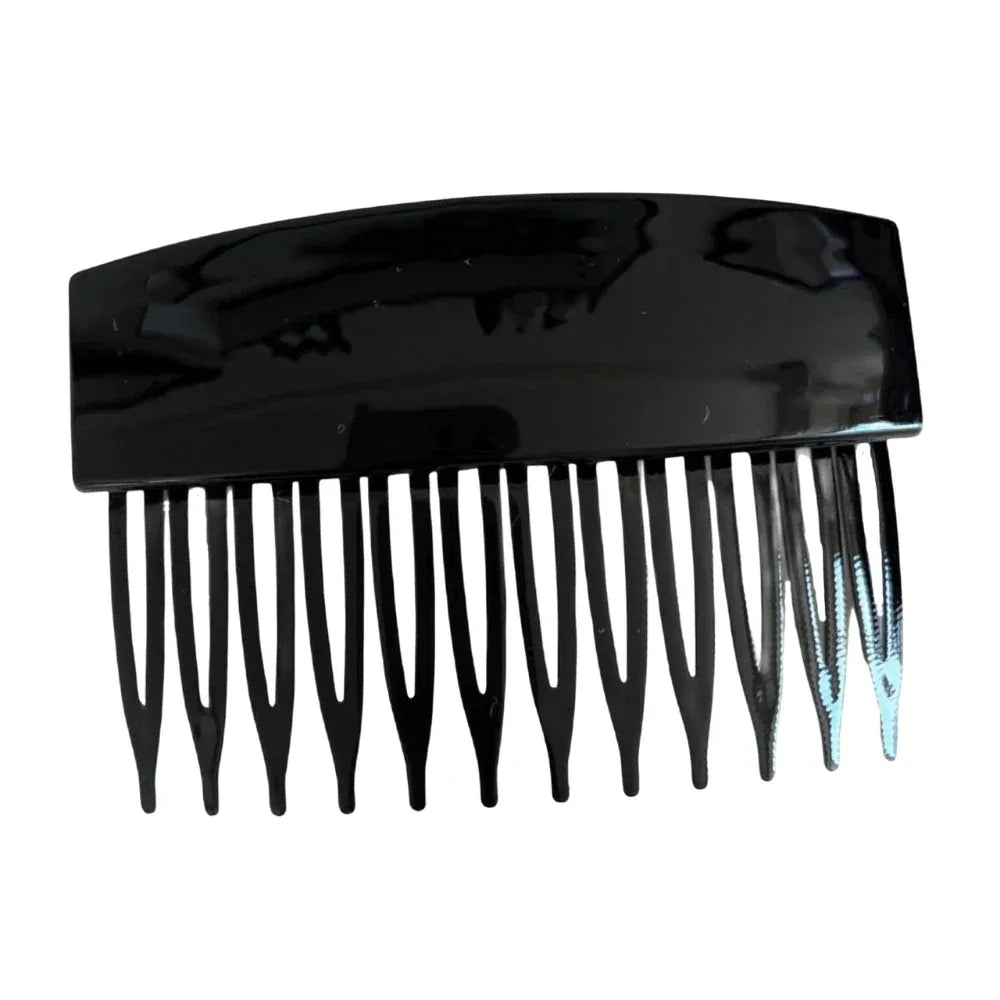 black plastic hair comb with curved top and multiple teeth