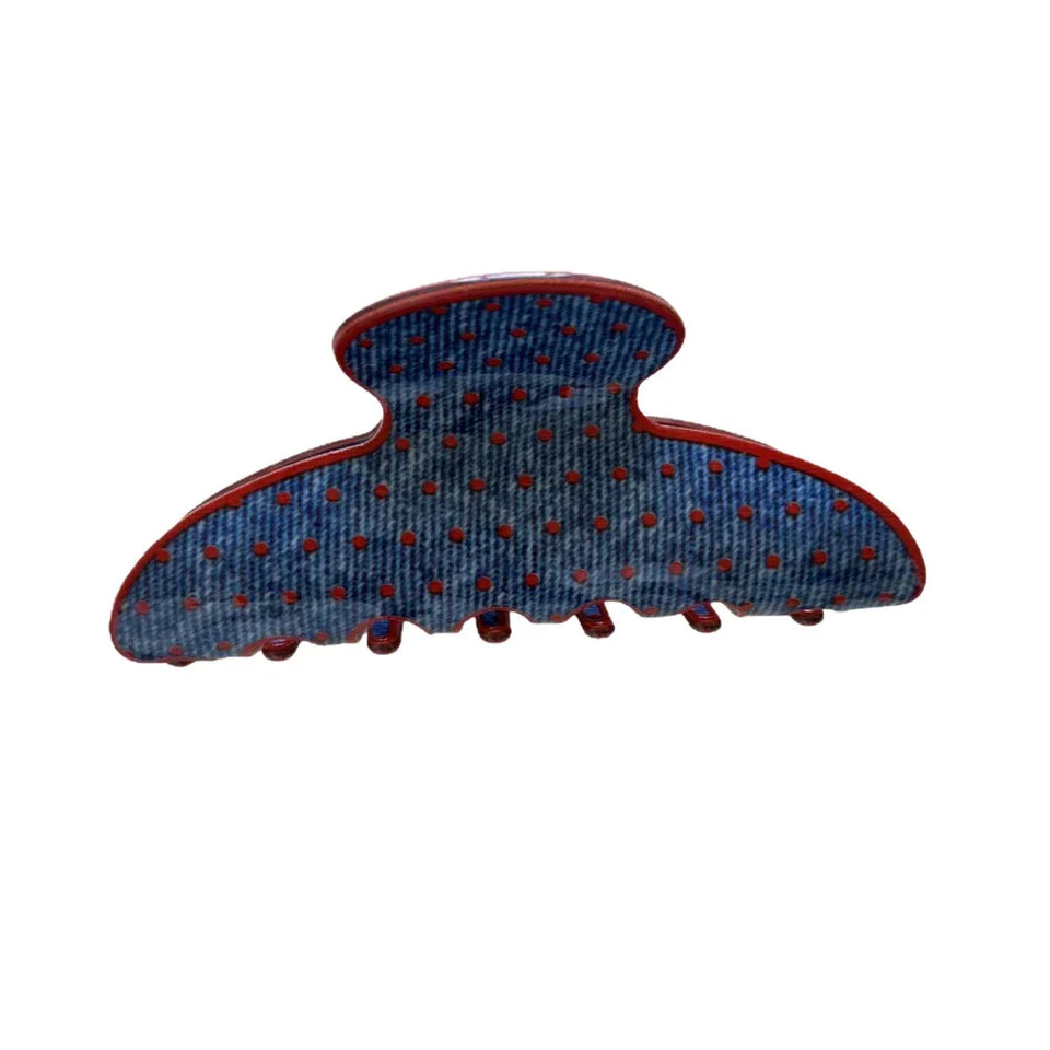 Blue polka dot hair claw clip with red trim Main image