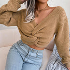 Olive Moss Twist-Front Crop Knit Sweater - View 14 | TEVQA