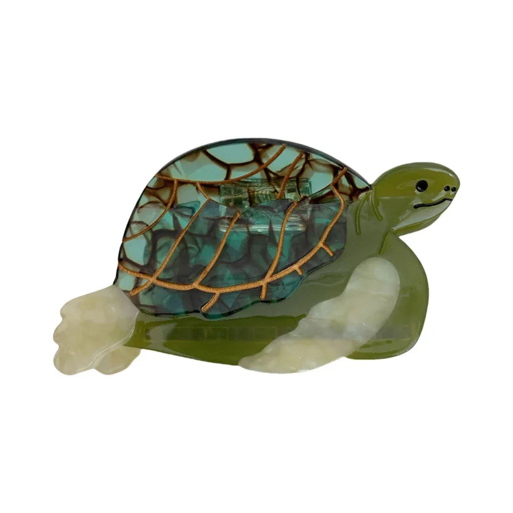 Green acetate turtle hair clip with intricate shell pattern and gold accents Main image