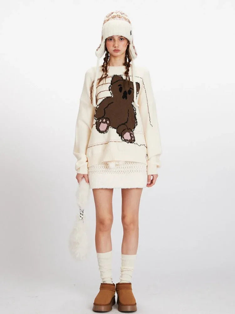 Vintage Cream Sketchy Bear Knit Sweater - TEVQA Main image