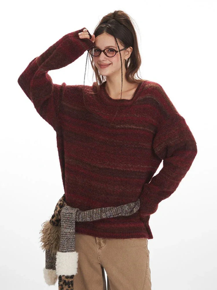 Vintage Burgundy Striped Knit Sweater - TEVQA