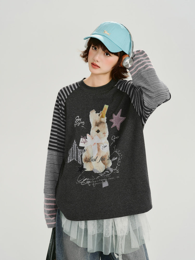Vintage Graphic Striped Raglan Long Sleeve Tee - Charcoal