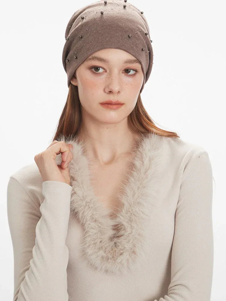 Ribbed Knit Faux Fur Trim V-Neck Top in apricot - View 6 | TEVQA