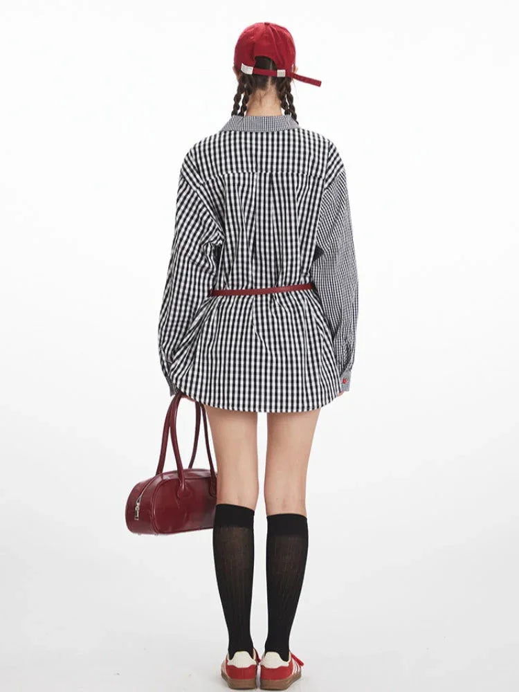 Vintage Inspired Mixed Gingham Oversized Button-Down Shirt - TEVQA