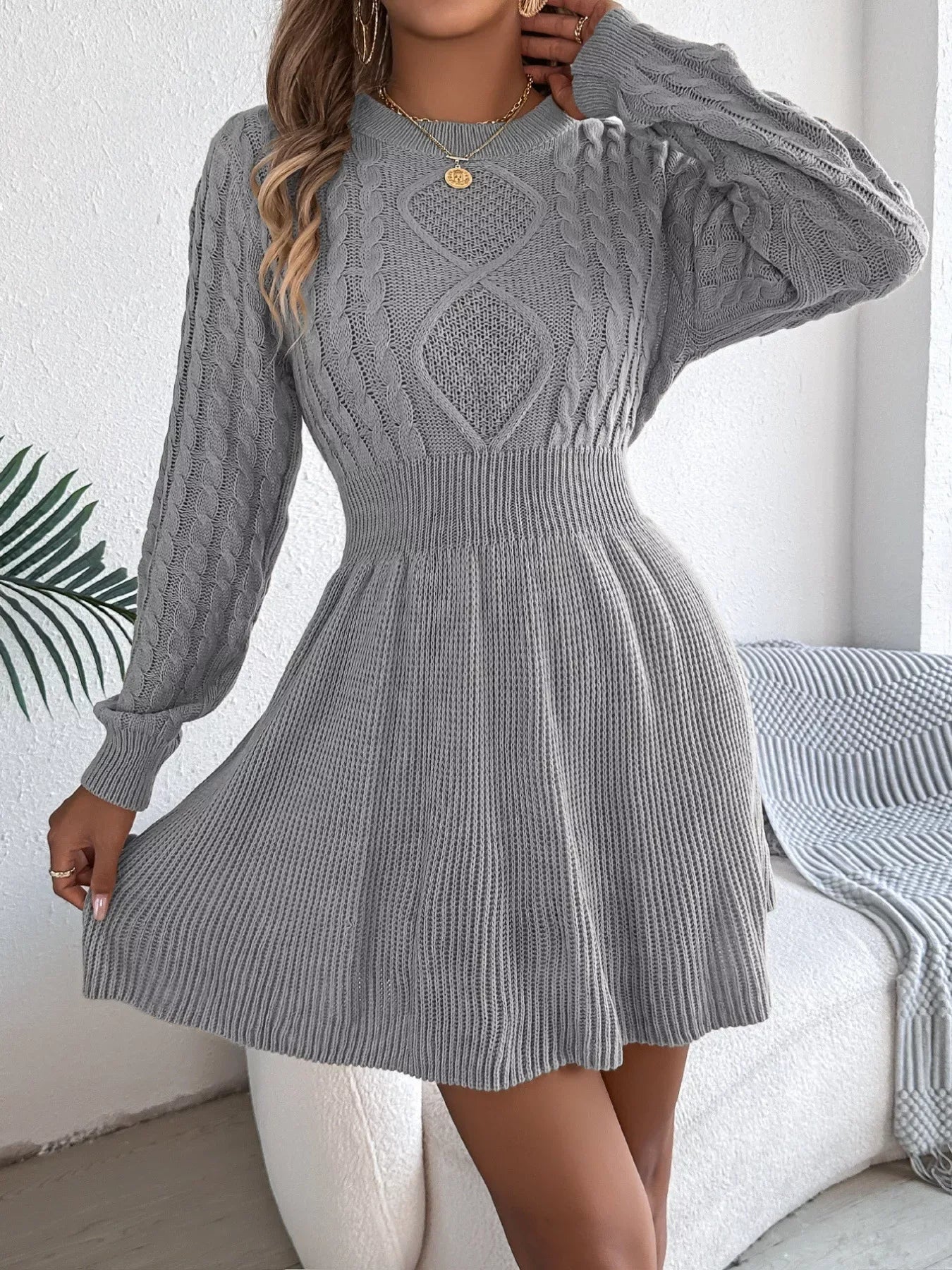 Cable Knit Sweater Dress - View 16 | TEVQA