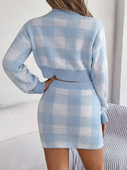 Soft Baby Blue Plaid Knitted Two Piece Set
