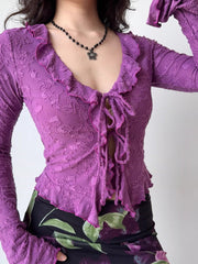 Purple Ruffle Tie Front Long Sleeve Slim Top