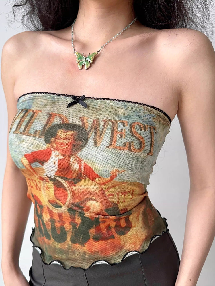 Wild West Graphic Printed Strapless Tube Top