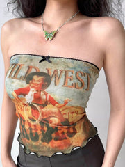 Wild West Graphic Printed Strapless Tube Top