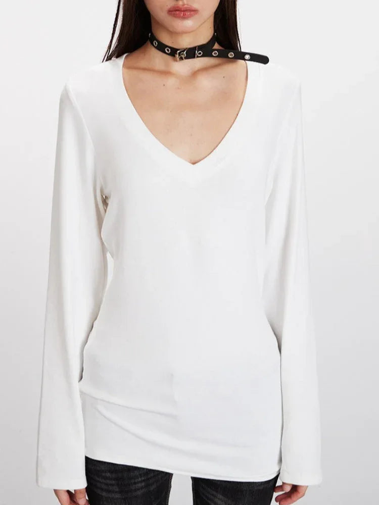 90s Minimalist Longline V-Neck Tee - TEVQA