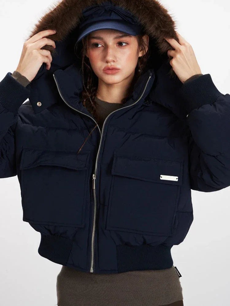 Retro Navy Cropped Puffer Jacket - TEVQA
