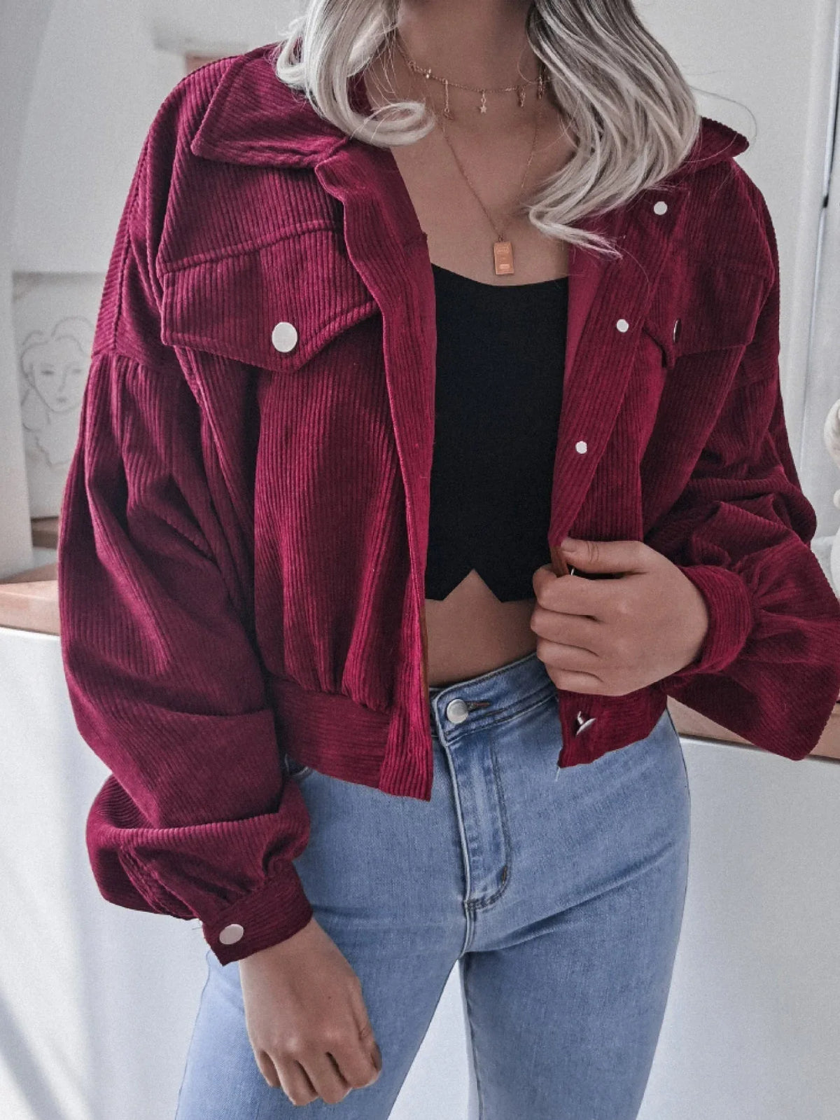 Cropped Corduroy Jacket - View 8 | TEVQA