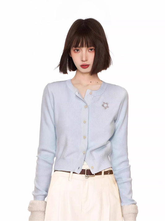 Light blue knit cardigan with embroidered detail and button-up closure