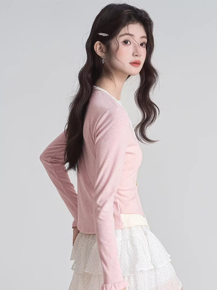 Faux Two-Piece Knit Cardigan Top with Bow Detail - View 6 | TEVQA