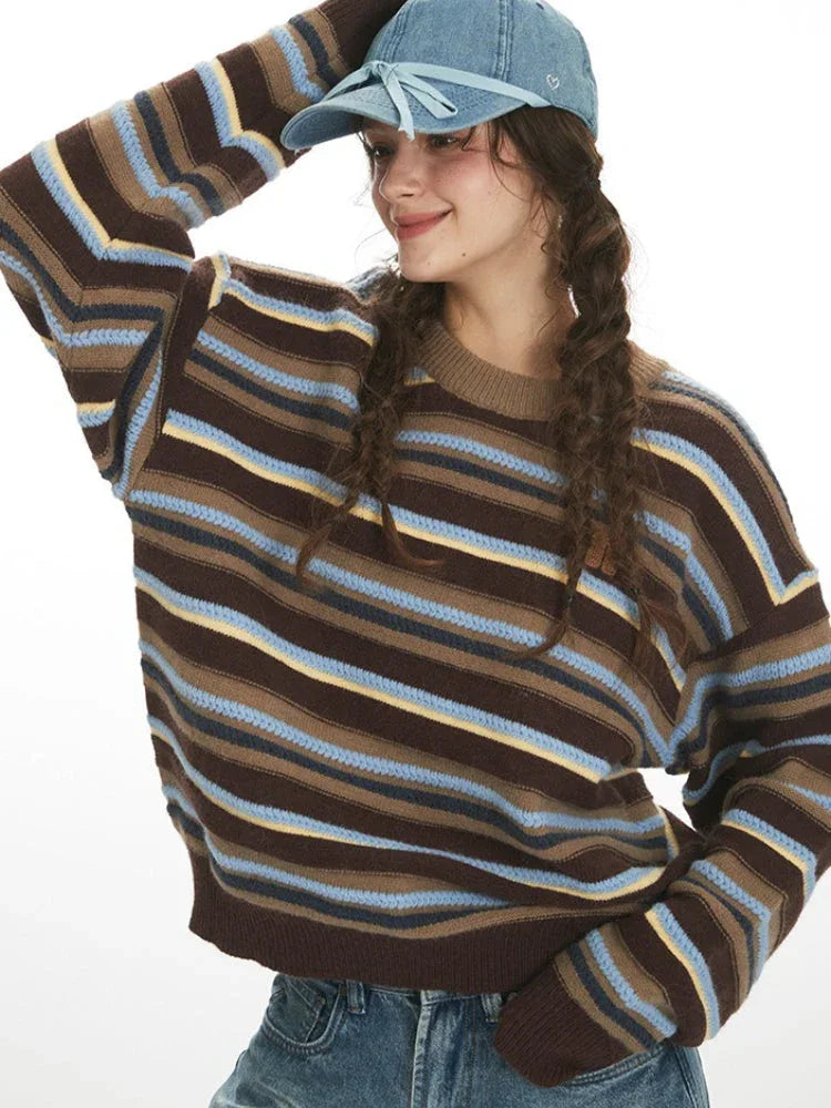 Model posing with hand on head, wearing a striped sweater and blue cap.
