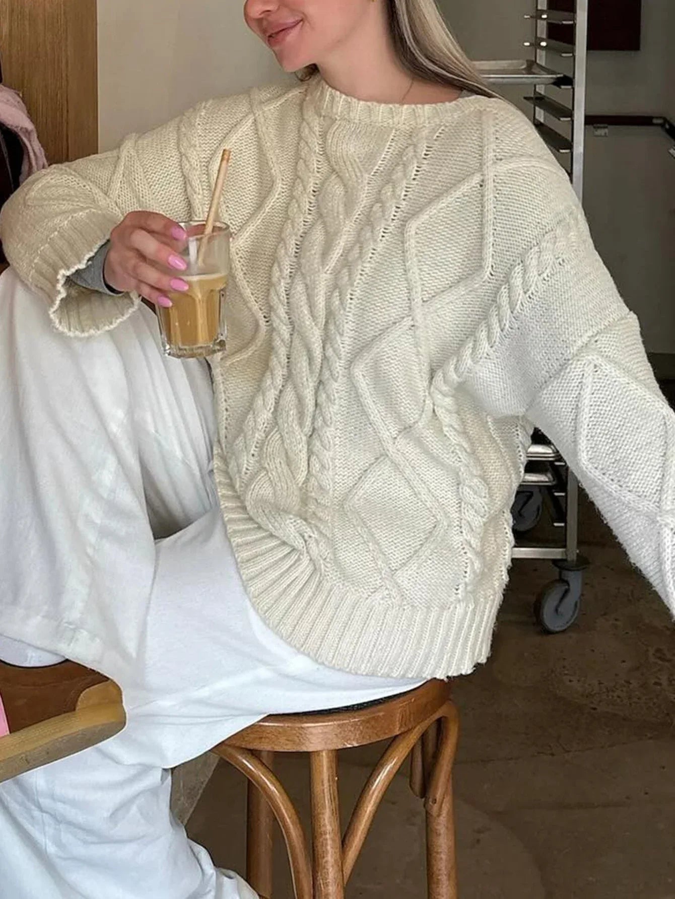 Vintage Cream Chunky Cable Knit Sweater - TEVQA