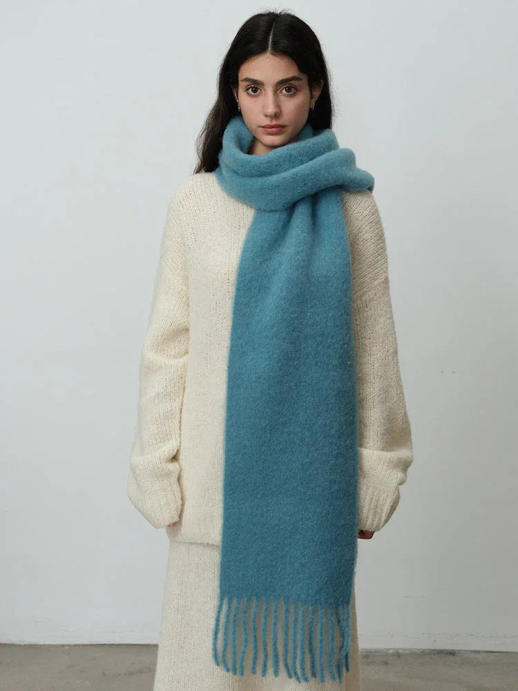 Oversized wool blend scarf in Vintage Blue or Monet Purple with tassels - View 1 | TEVQA