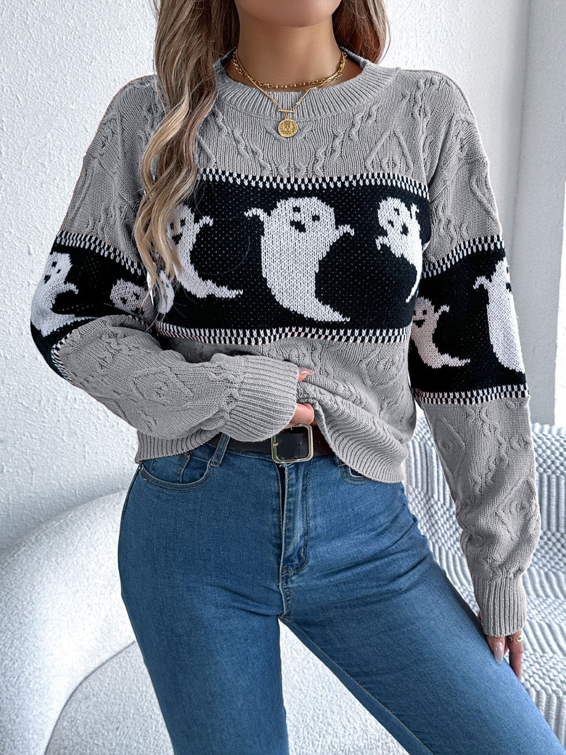 Spooky Chic Ghost Cable Knit Sweater