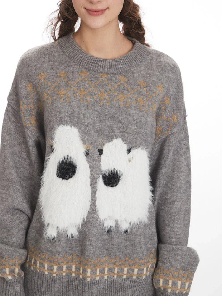 Whimsical Fluffy Yak Graphic Sweater - TEVQA