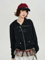 Vintage Star Print Hooded Zip-Up Sweatshirt Black