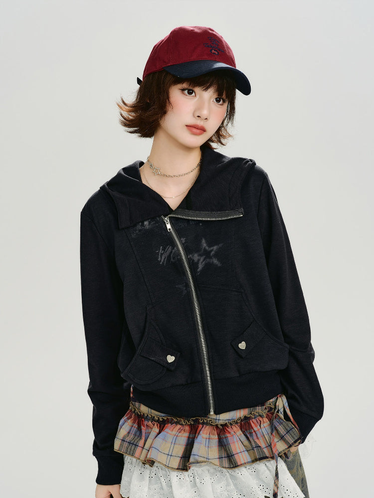 Vintage Star Print Hooded Zip-Up Sweatshirt Black