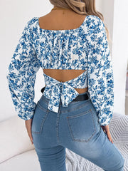 Romantic White Floral Lantern Sleeve Crop Top - TEVQA