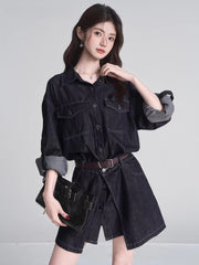 Retro Denim Shirt & Mini Skirt Set Black