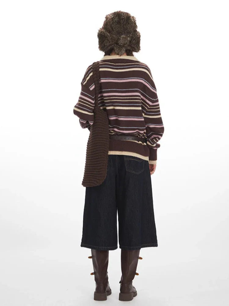 90s Retro Mocha & Berry Striped Polo Sweater - TEVQA