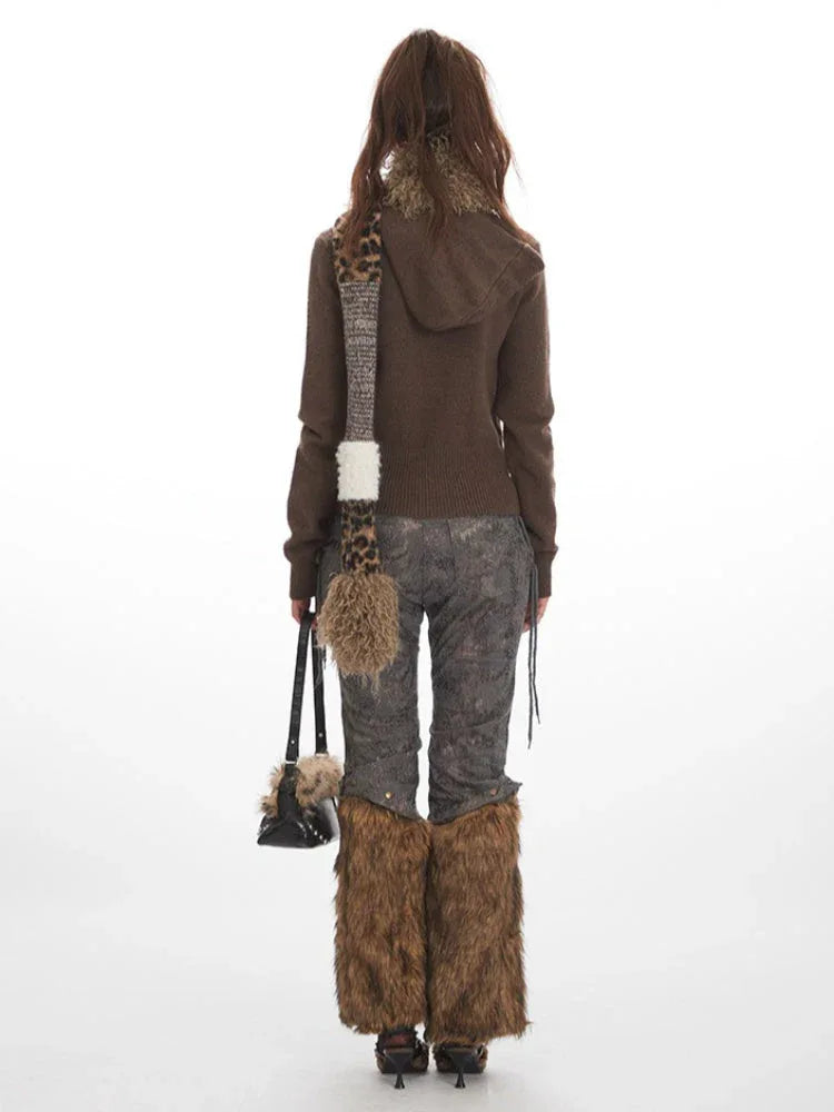 Y2K Chocolate Brown Hooded Knit Sweater - TEVQA Secondary image