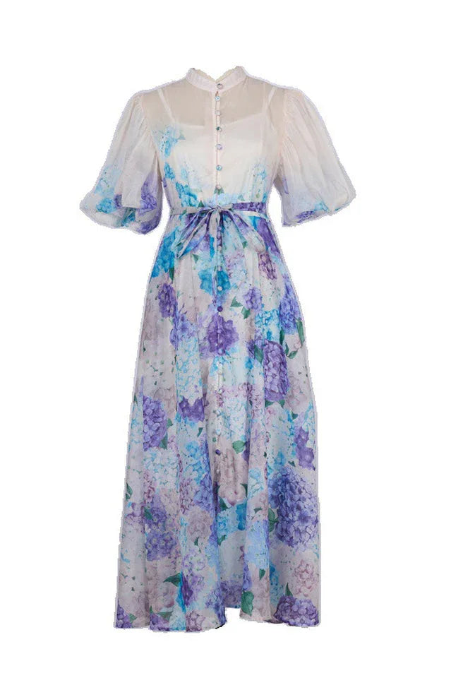 Floral Print Midi Dress with Puff Sleeves - View 10 | TEVQA