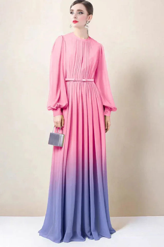 Long sleeve gradient maxi dress with belt - View 7 | TEVQA
