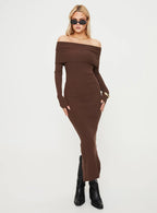 Phylis Chocolate Ribbed Off-Shoulder Knit Maxi Dress - Long Sleeve Bodycon Sweater Gown - TEVQA