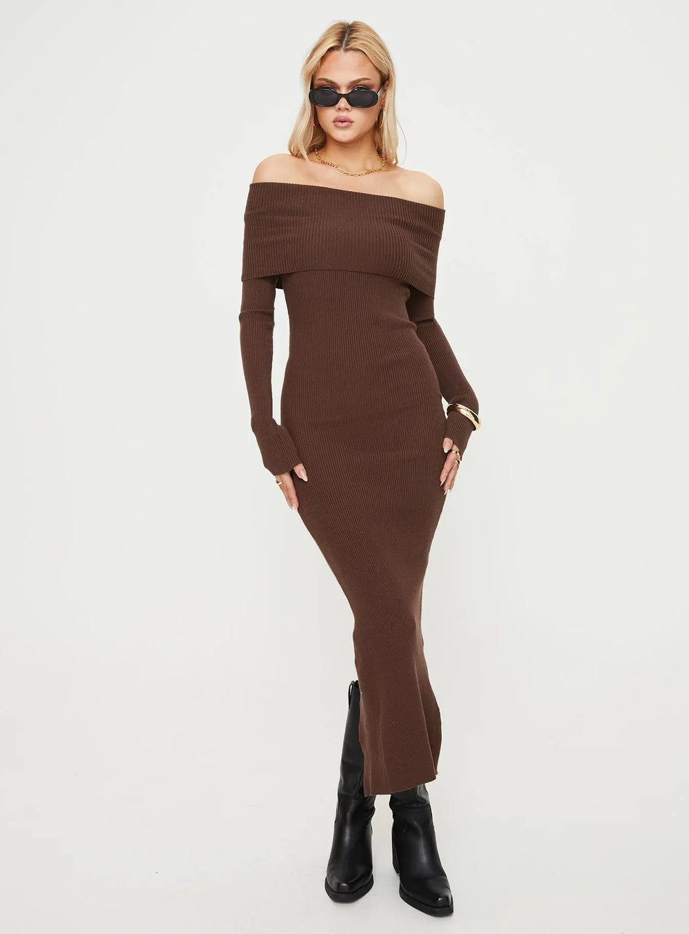 Phylis Chocolate Ribbed Off-Shoulder Knit Maxi Dress - Long Sleeve Bodycon Sweater Gown - TEVQA