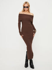 Phylis Chocolate Ribbed Off-Shoulder Knit Maxi Dress - Long Sleeve Bodycon Sweater Gown - TEVQA