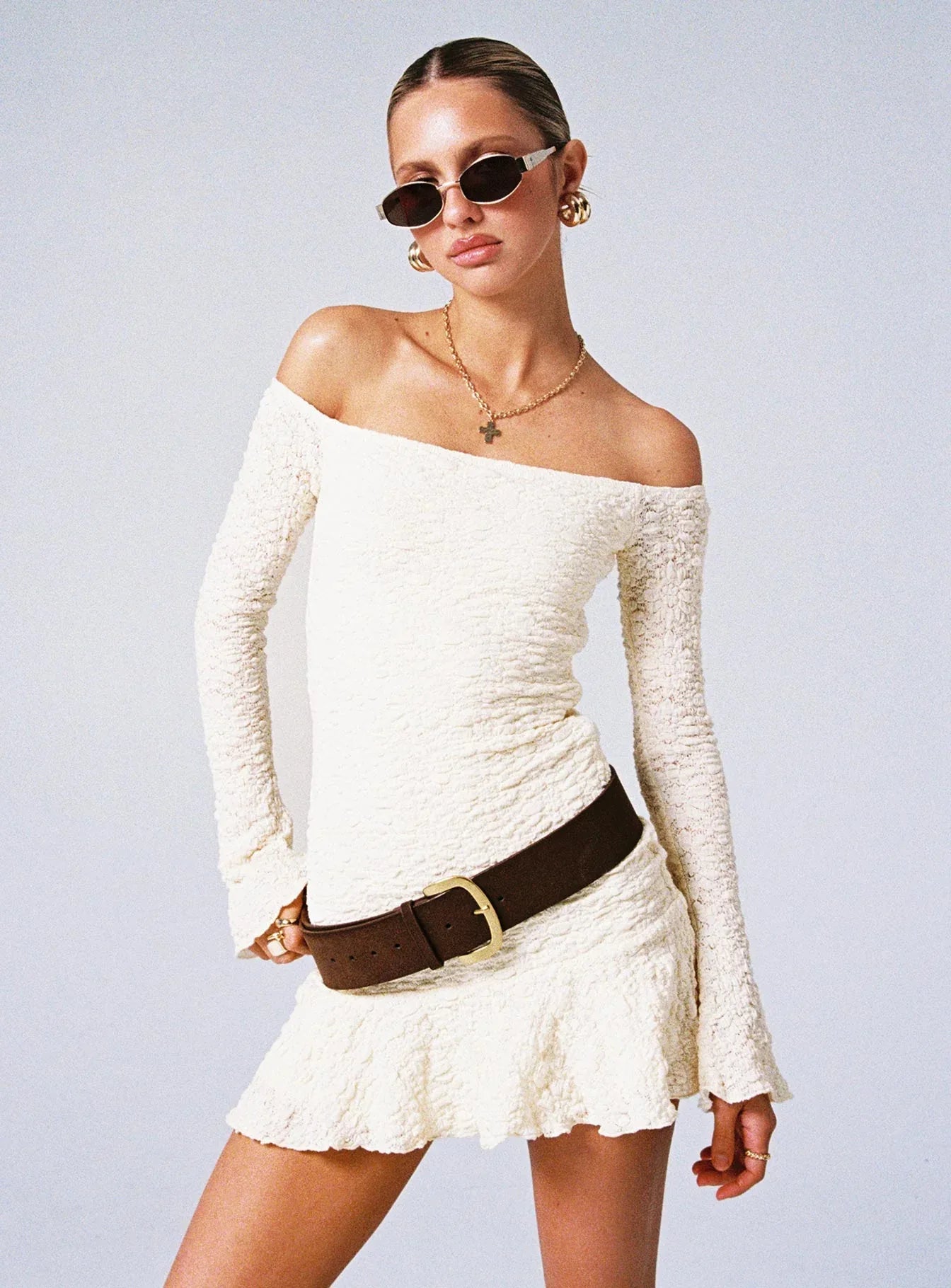 Vancesca Cream Textured Off-Shoulder Mini Dress - Ruffle Hem Long Sleeve Bodycon - TEVQA