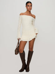 Vancesca Cream Textured Off-Shoulder Mini Dress - Ruffle Hem Long Sleeve Bodycon - TEVQA